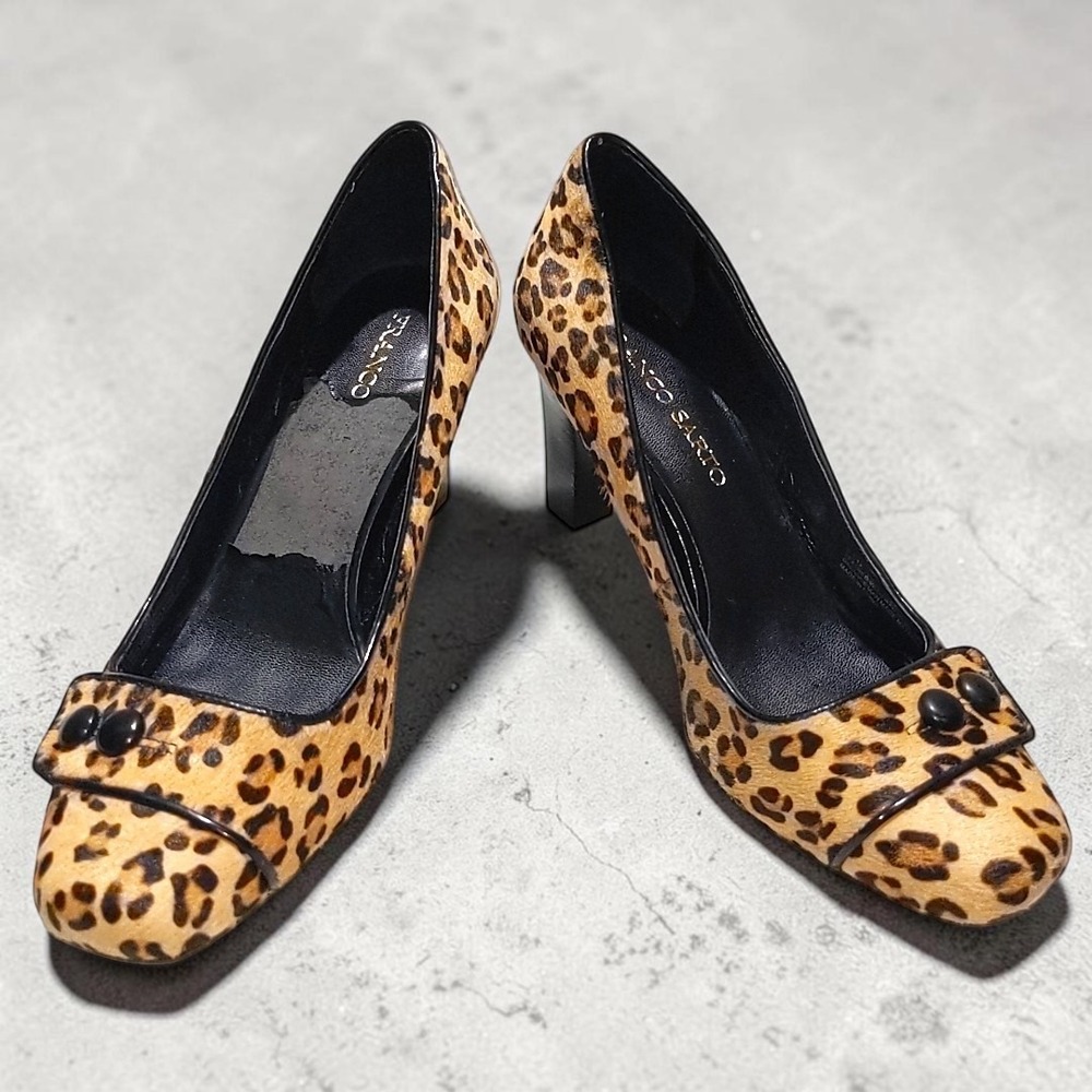Franco Sarto L-URI Leopard Real Calf Hair Block Heel Pumps 8.5M Square Toe